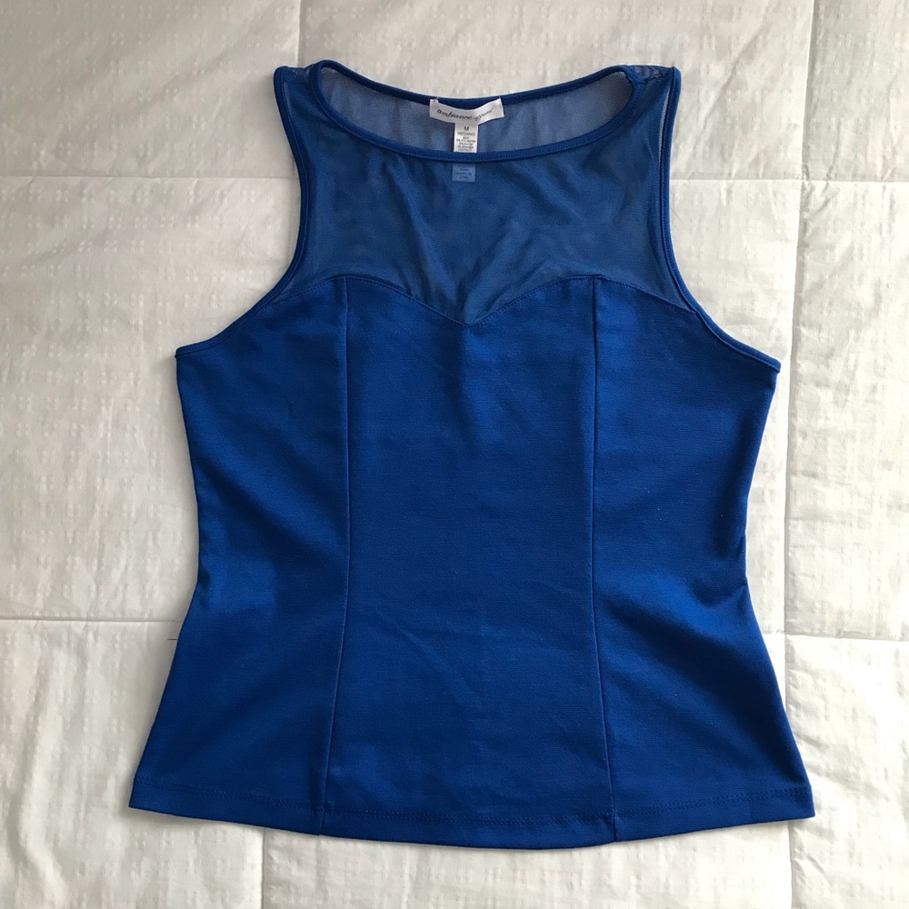 Blue Sleeveless Tank with Mesh Sweetheart Neckline